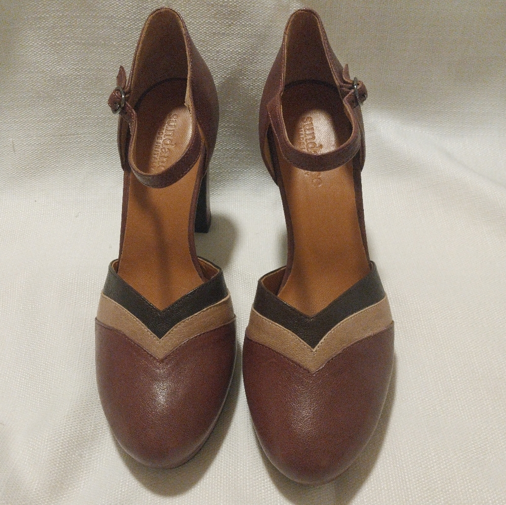 Sundance Made in Italy Brown & Black Retro Inspired Ankle Strap Heels